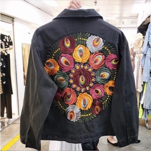 Black bohemian stitched embroidered denim jacket coat - Picture 11 of 16